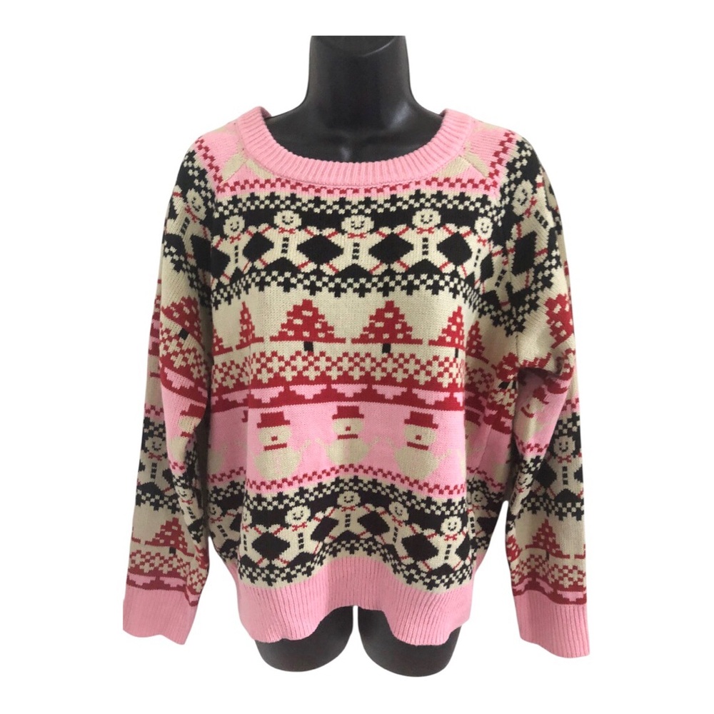 Pink fair isle look snowman print pullover holiday sweater size XL brand‎ new